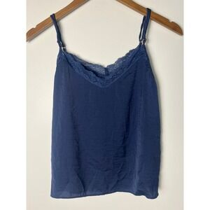 Med Midnight Bakery Navy Blue Lace Trim Satin Camisole Top Y2K Night time Lounge